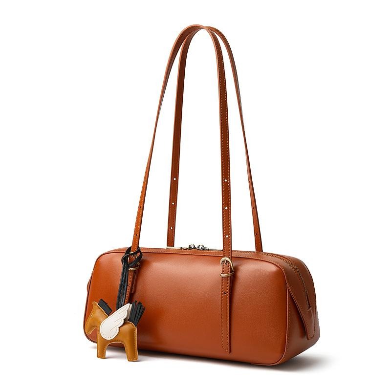 Genuine Cowhide Leather Baguette Shoulder Bag with Adjustable Strap and Winged Horse Charm