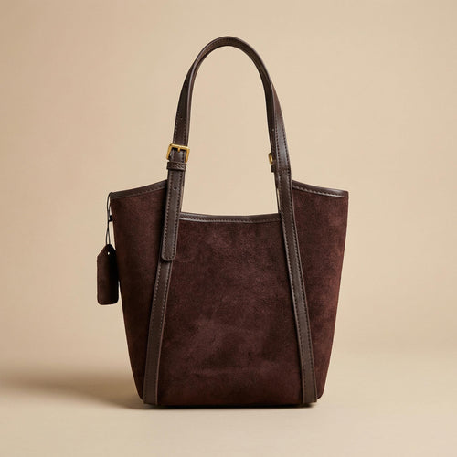 Structured Leather Handbag for Women – Coffee Suede Top Handle Bag, Minimalist Shoulder Purse with