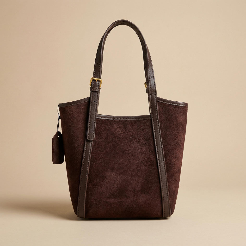 Structured Leather Handbag for Women – Coffee Suede Top Handle Bag, Minimalist Shoulder Purse with