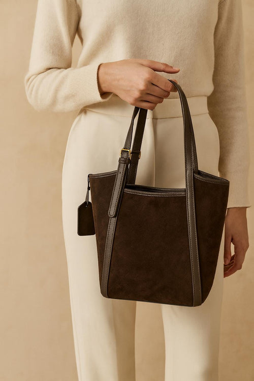 Structured Leather Handbag for Women – Coffee Suede Top Handle Bag, Minimalist Shoulder Purse with