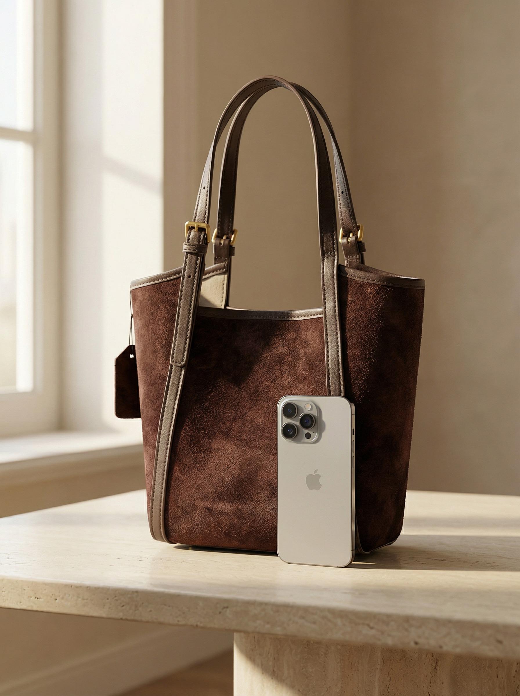 Structured Leather Handbag for Women – Coffee Suede Top Handle Bag, Minimalist Shoulder Purse with