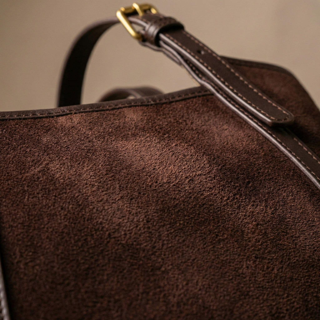 Structured Leather Handbag for Women – Coffee Suede Top Handle Bag, Minimalist Shoulder Purse with