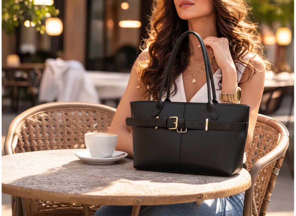 Genuine Cowhide Leather Shoulder Bag, Elegant Belt Detail Tote, Structured Work Handbag