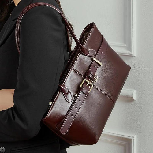 Genuine Cowhide Leather Shoulder Bag, Elegant Belt Detail Tote, Structured Work Handbag