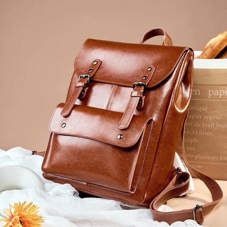 Genuine Leather Backpack, Minimal Vintage Cowhide Rucksack, Laptop Travel Bag