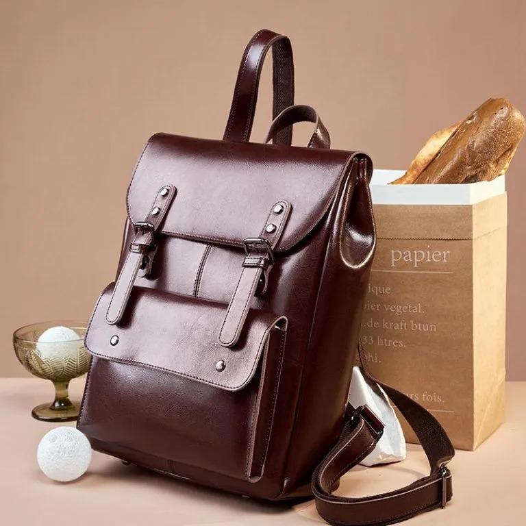 Genuine Leather Backpack, Minimal Vintage Cowhide Rucksack, Laptop Travel Bag