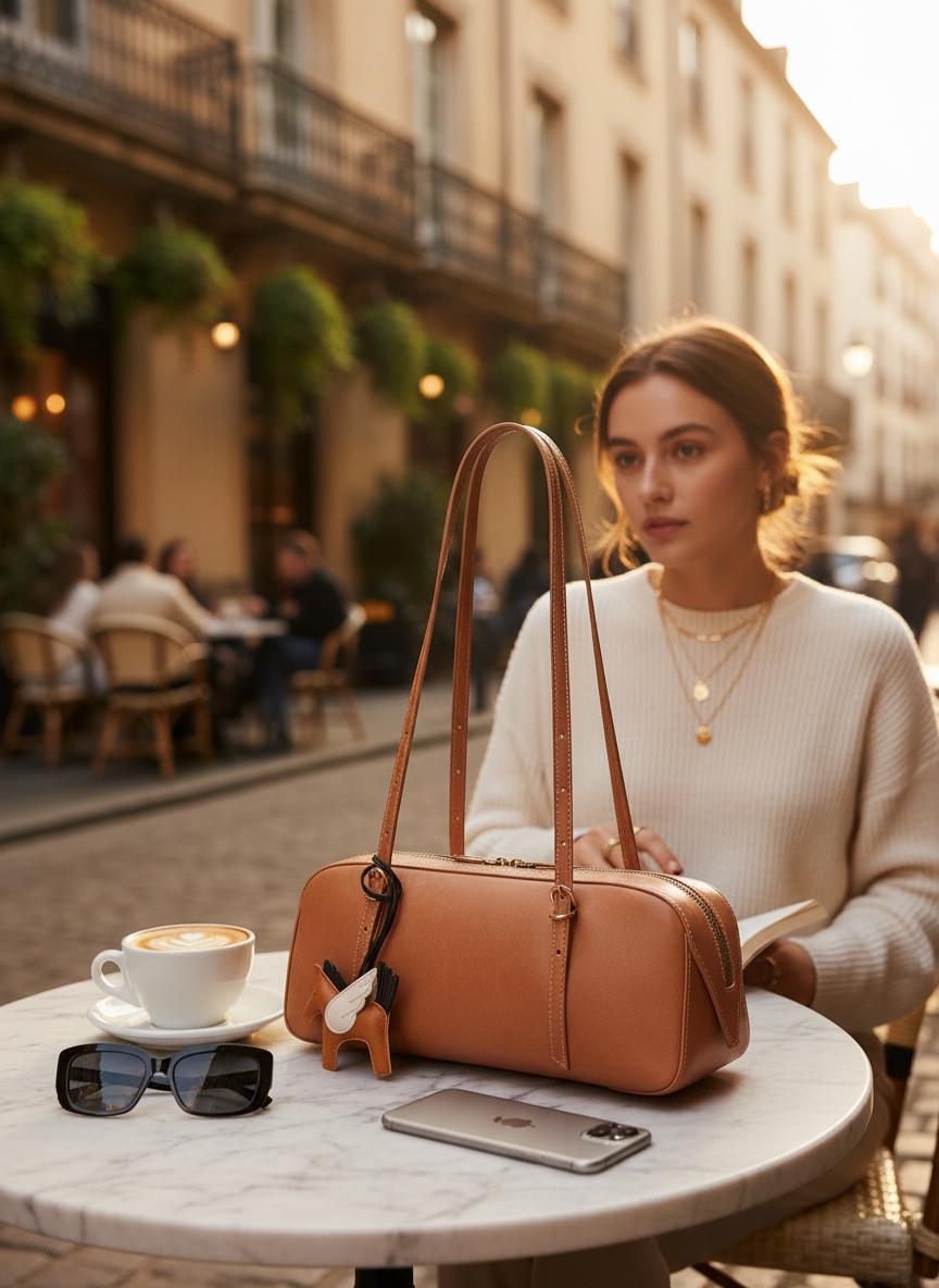 Baguette Leather Shoulder Bag, Minimalist Cowhide Purse with Winged Horse Charm