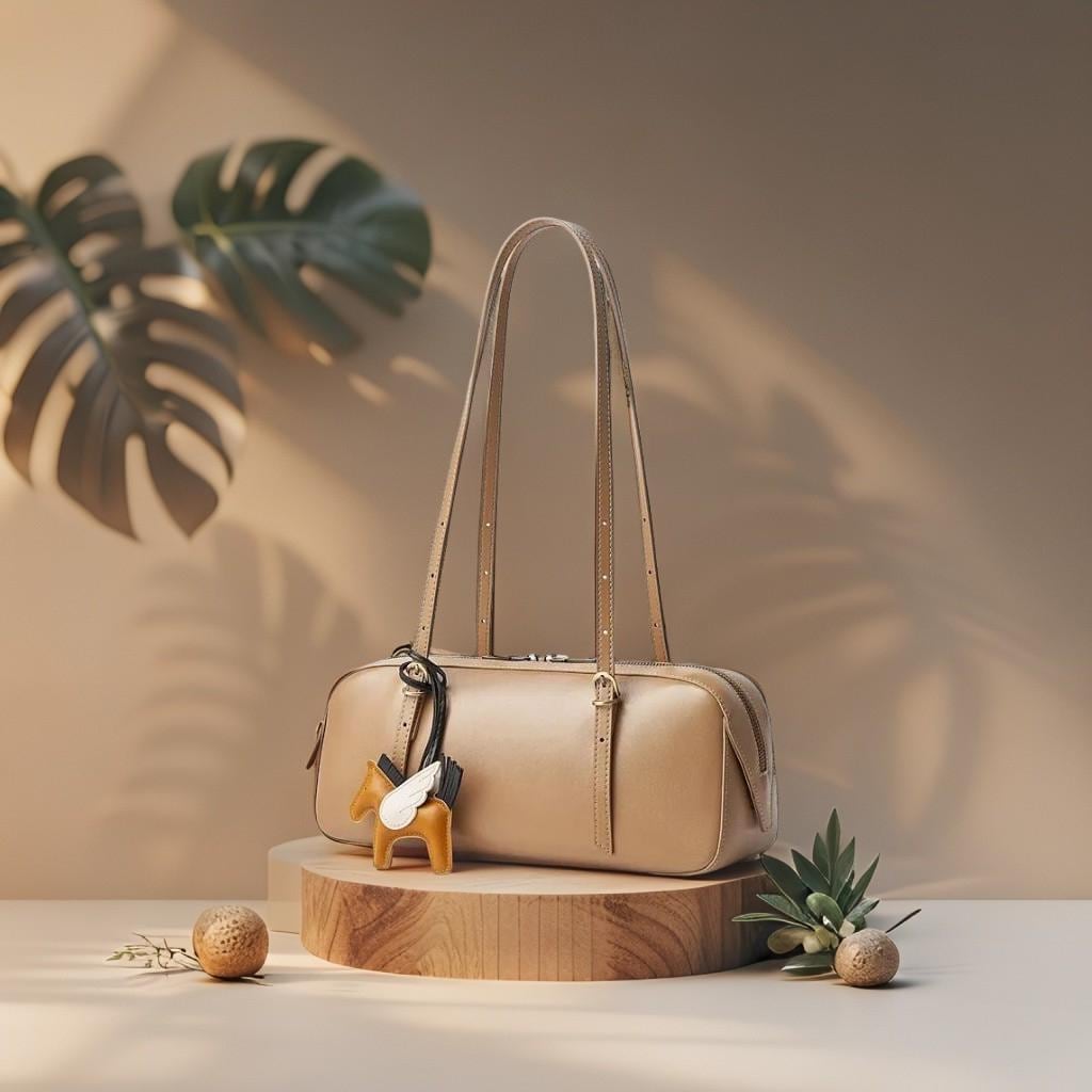 Baguette Leather Shoulder Bag, Minimalist Cowhide Purse with Winged Horse Charm