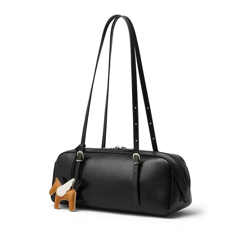 Baguette Leather Shoulder Bag, Minimalist Cowhide Purse with Winged Horse Charm