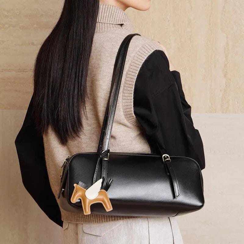 Baguette Leather Shoulder Bag, Minimalist Cowhide Purse with Winged Horse Charm