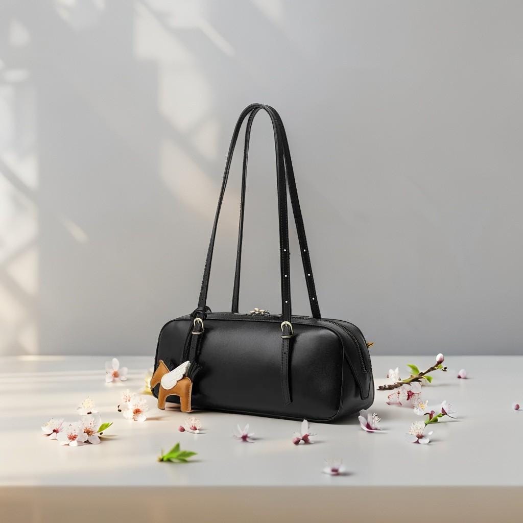 Baguette Leather Shoulder Bag, Minimalist Cowhide Purse with Winged Horse Charm