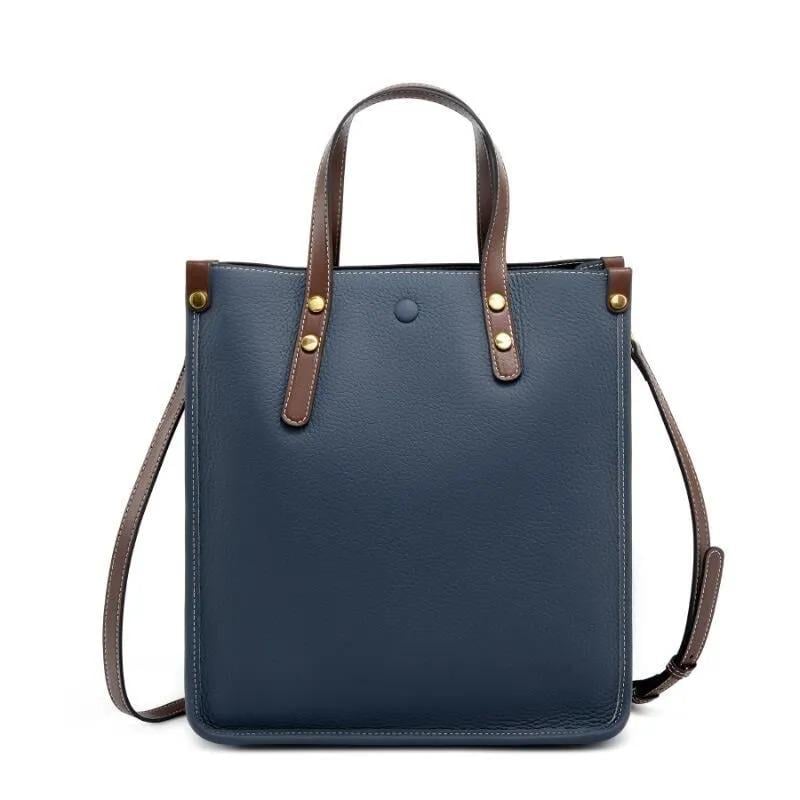 Minimalist Cowhide Leather Tote Bag, Structured Shoulder Handbag, Crossbody Straps