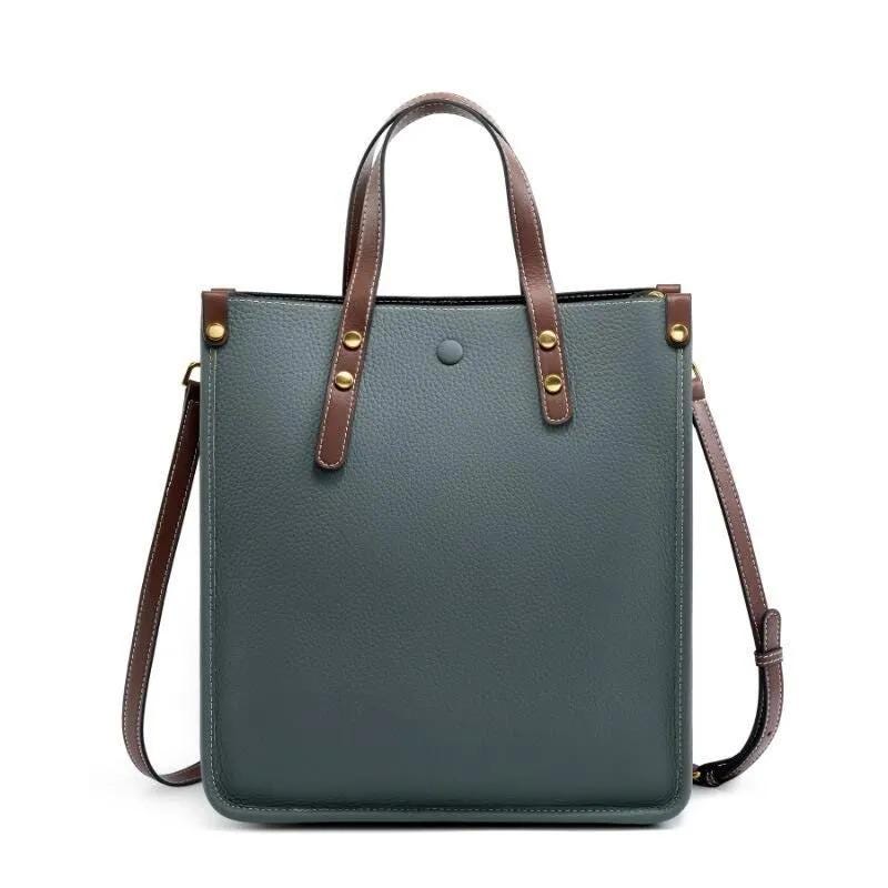 Minimalist Cowhide Leather Tote Bag, Structured Shoulder Handbag, Crossbody Straps