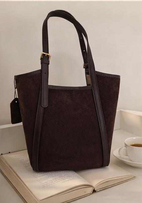 Structured Leather Handbag for Women – Coffee Suede Top Handle Bag, Minimalist Shoulder Purse with