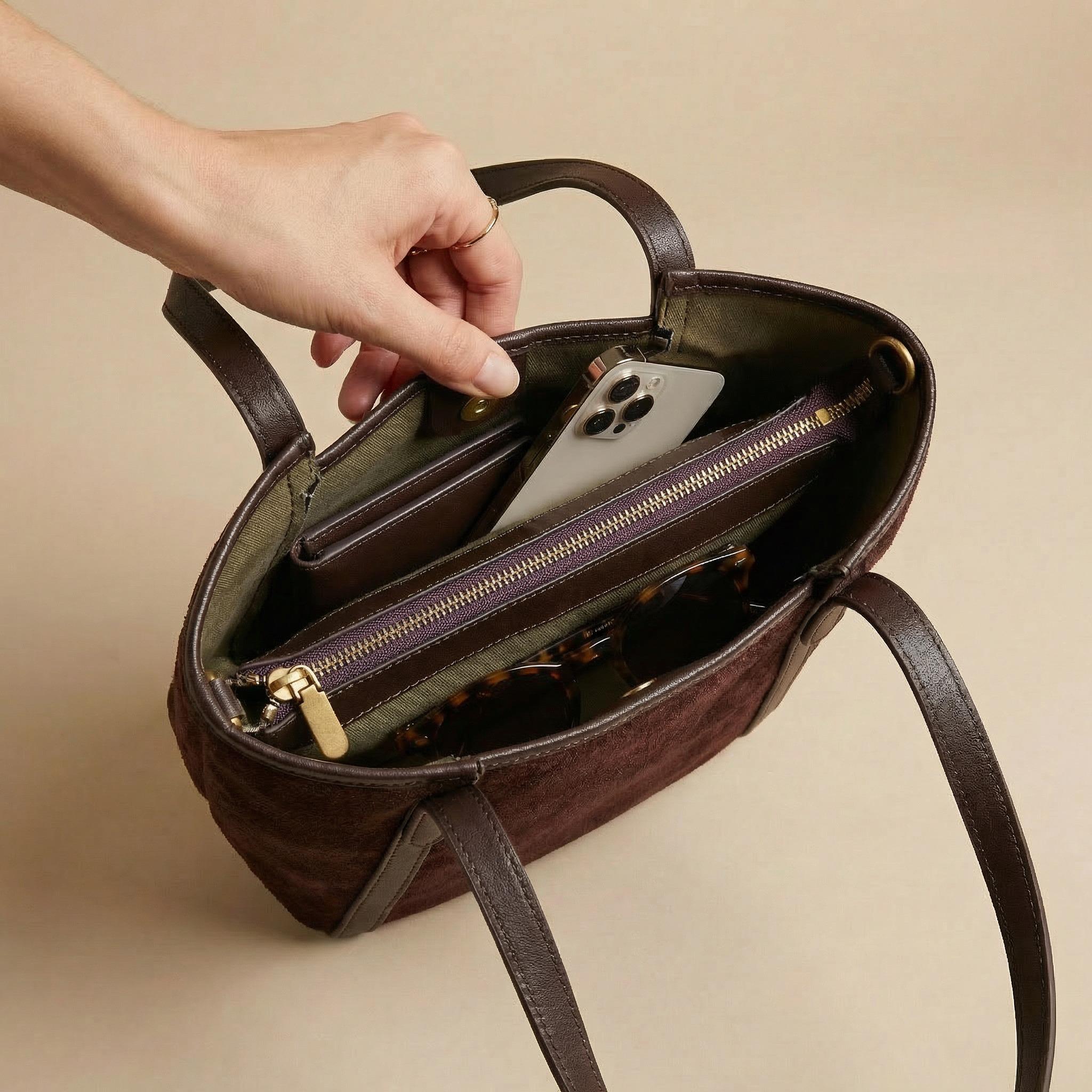 Structured Leather Handbag for Women – Coffee Suede Top Handle Bag, Minimalist Shoulder Purse with