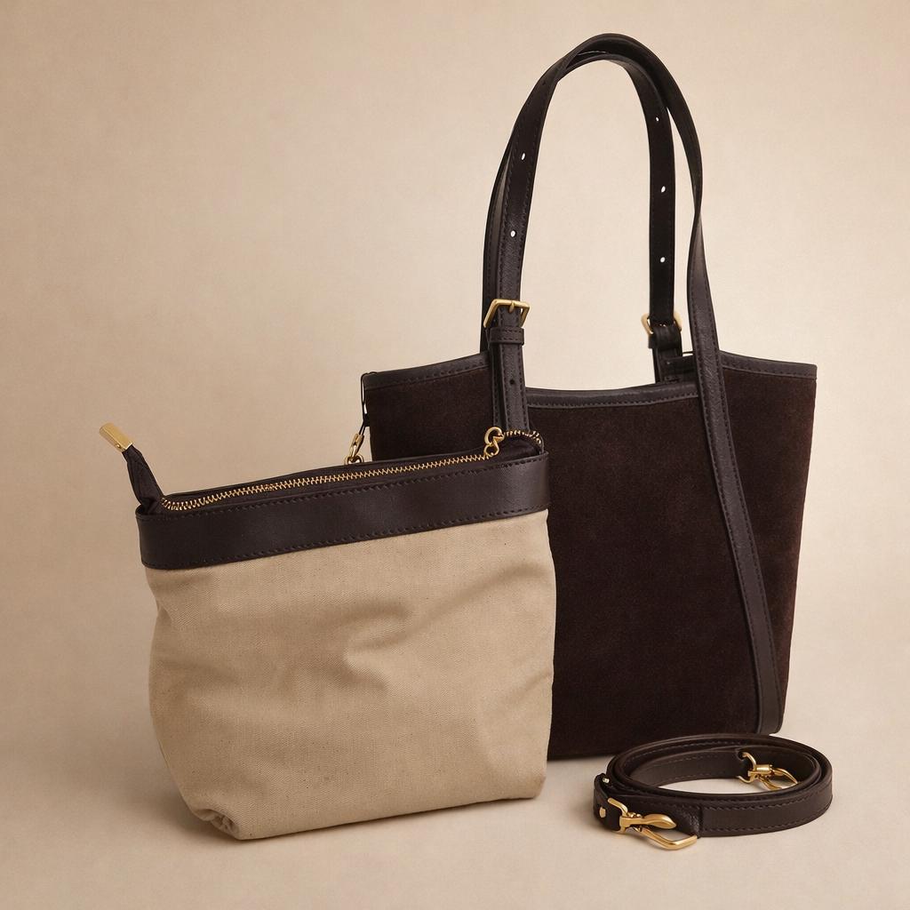 Structured Leather Handbag for Women – Coffee Suede Top Handle Bag, Minimalist Shoulder Purse with