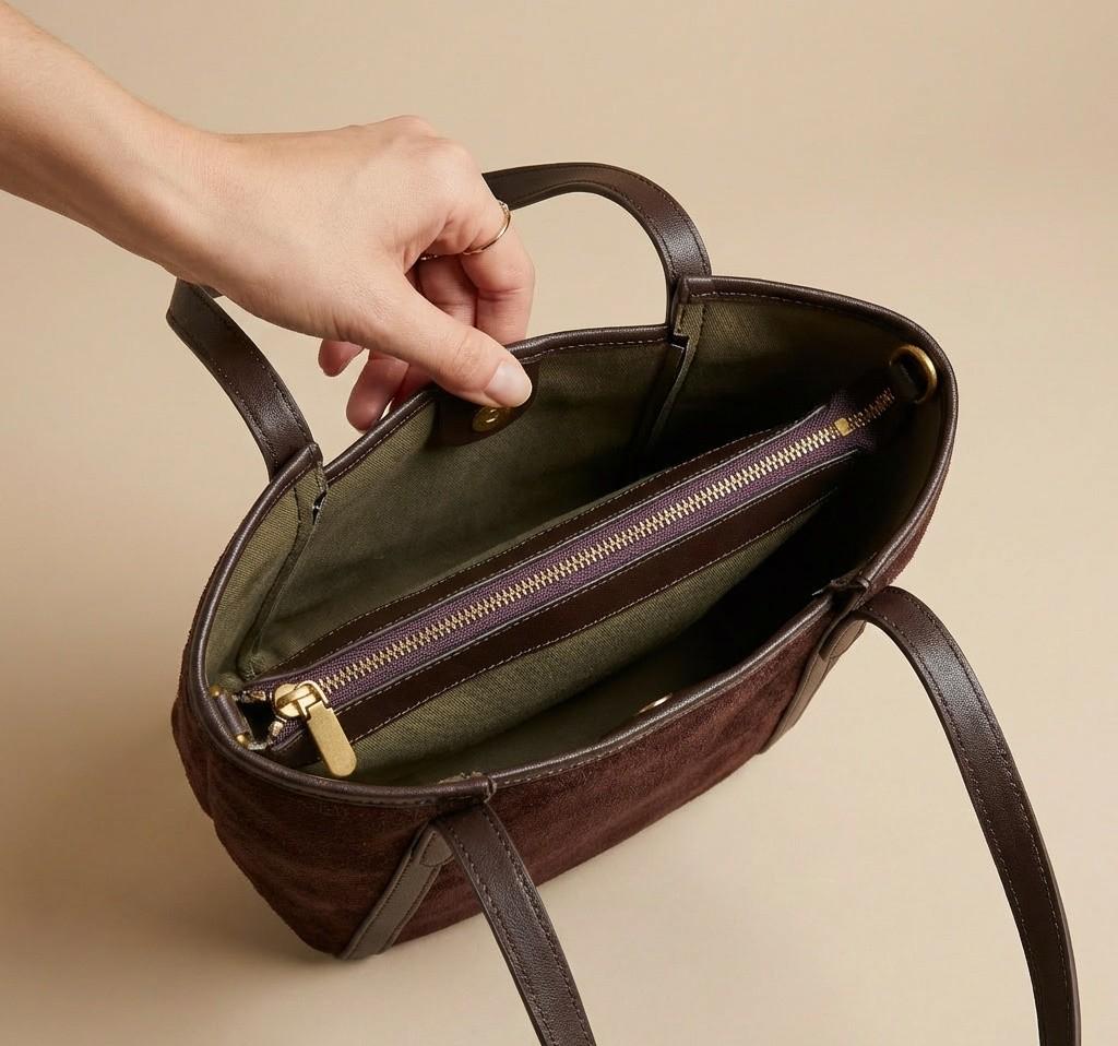 Structured Leather Handbag for Women – Coffee Suede Top Handle Bag, Minimalist Shoulder Purse with