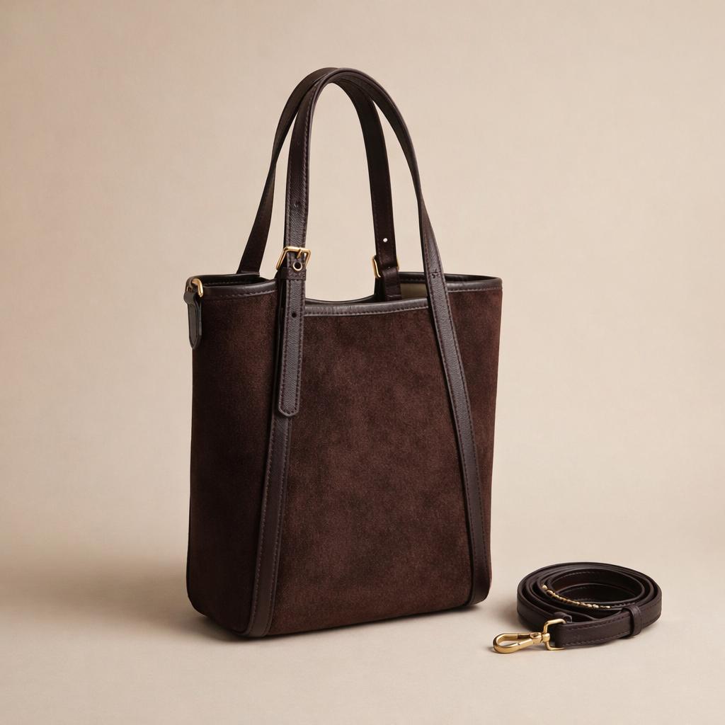 Structured Leather Handbag for Women – Coffee Suede Top Handle Bag, Minimalist Shoulder Purse with