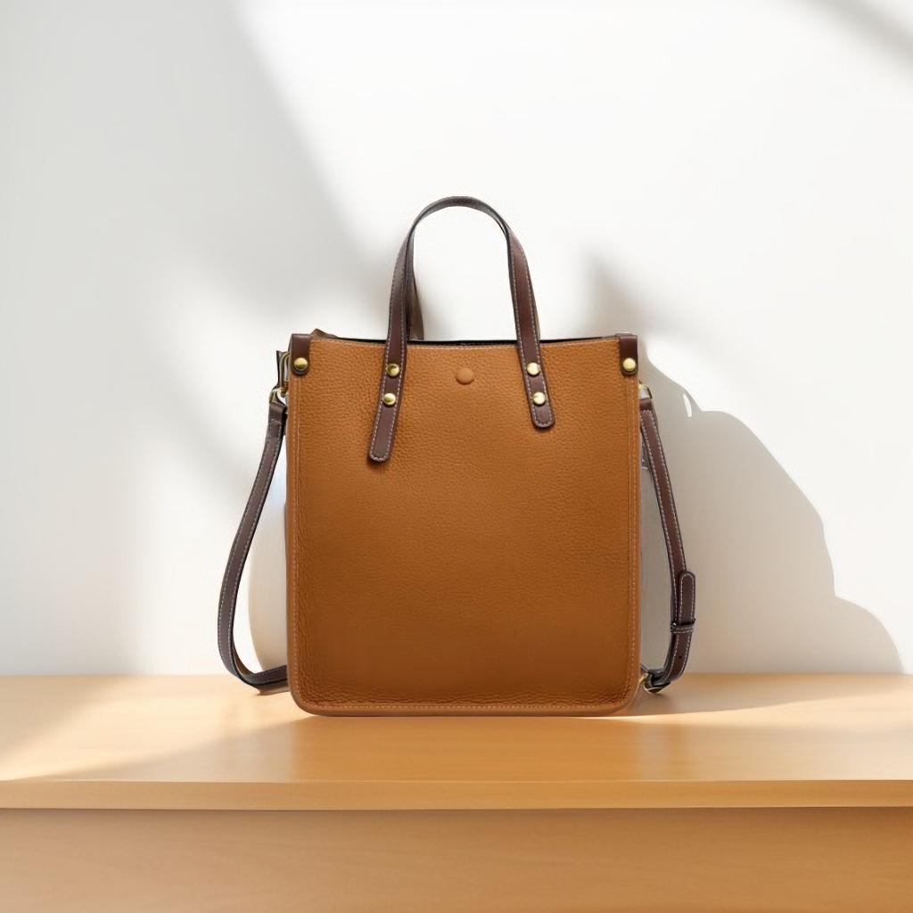 Minimalist Cowhide Leather Tote Bag, Structured Shoulder Handbag, Crossbody Straps