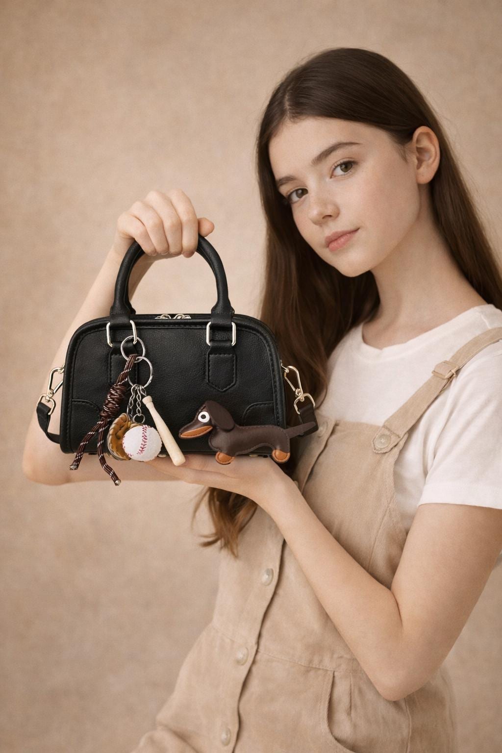 Mini Duffel Leather Bag with Dachshund Charm, Boston Style Top Handle Handbag, Small Crossbody
