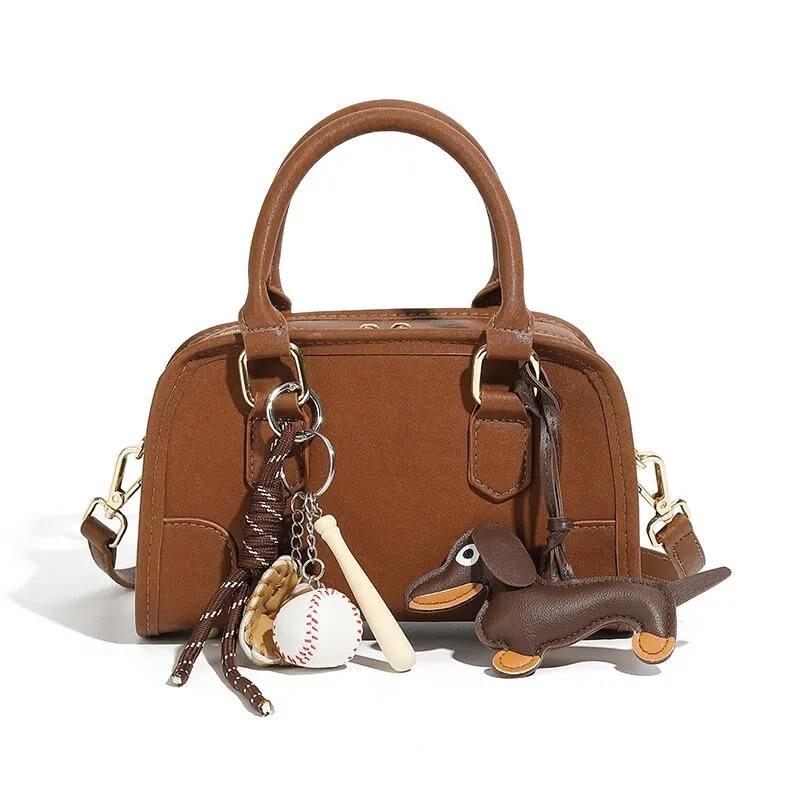Mini Duffel Leather Bag with Dachshund Charm, Boston Style Top Handle Handbag, Small Crossbody