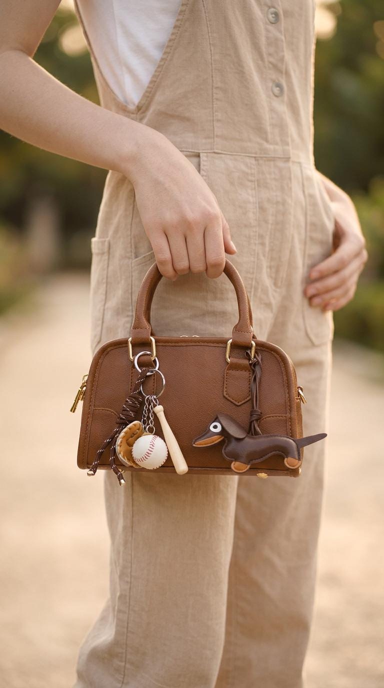 Mini Duffel Leather Bag with Dachshund Charm, Boston Style Top Handle Handbag, Small Crossbody