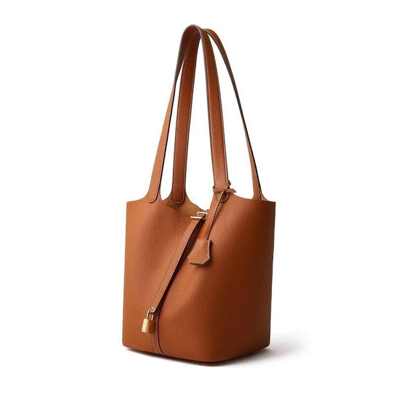 Genuine Leather Shoulder Bag for Women, Large Minimal Bucket Tote