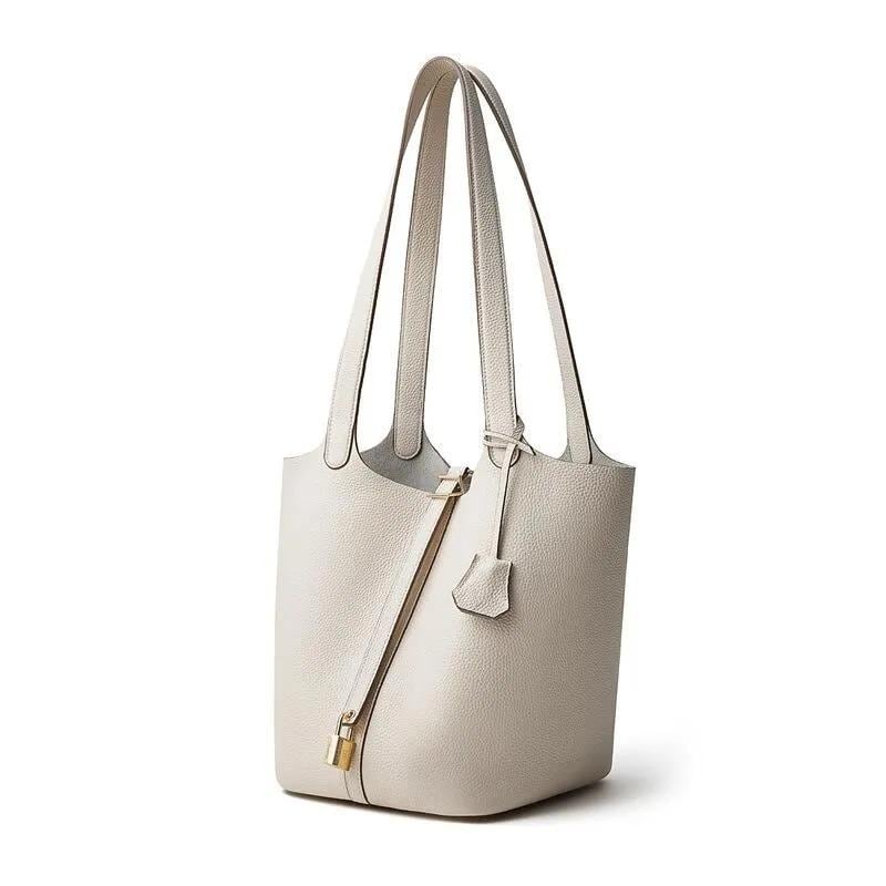 Genuine Leather Shoulder Bag for Women, Large Minimal Bucket Tote