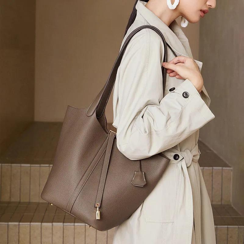 Genuine Leather Shoulder Bag for Women, Large Minimal Bucket Tote