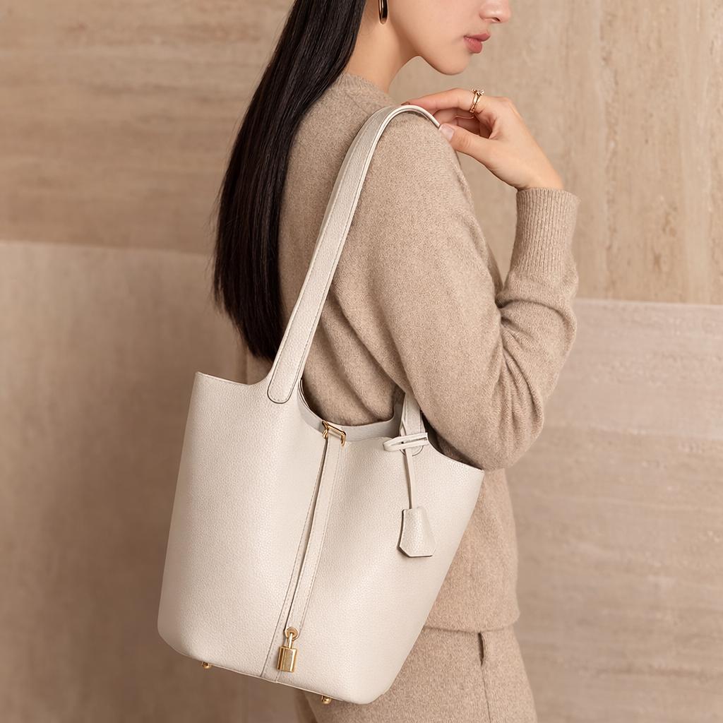 Genuine Leather Shoulder Bag for Women, Large Minimal Bucket Tote