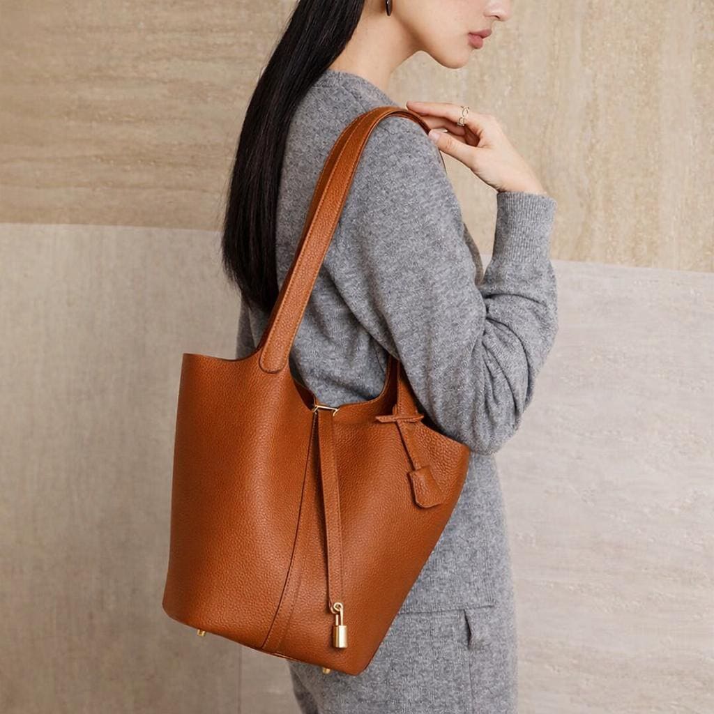Genuine Leather Shoulder Bag for Women, Large Minimal Bucket Tote