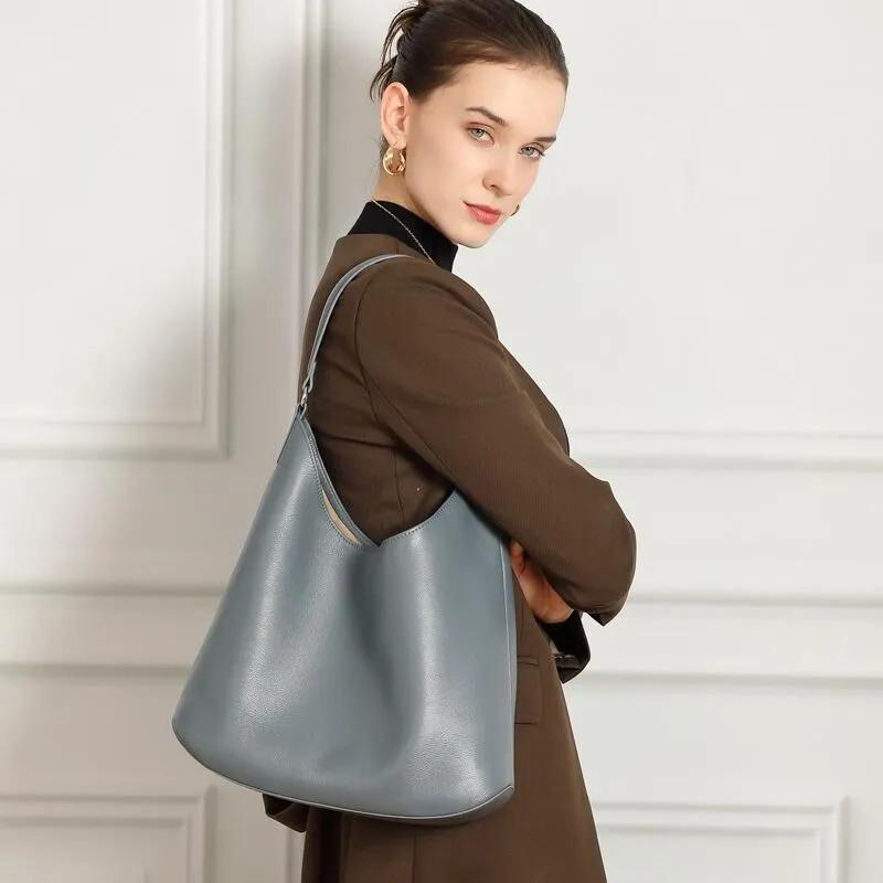 Genuine Leather Hobo Bag, Slouchy Shoulder Bag with Inner Pouch, Minimalist Work Tote
