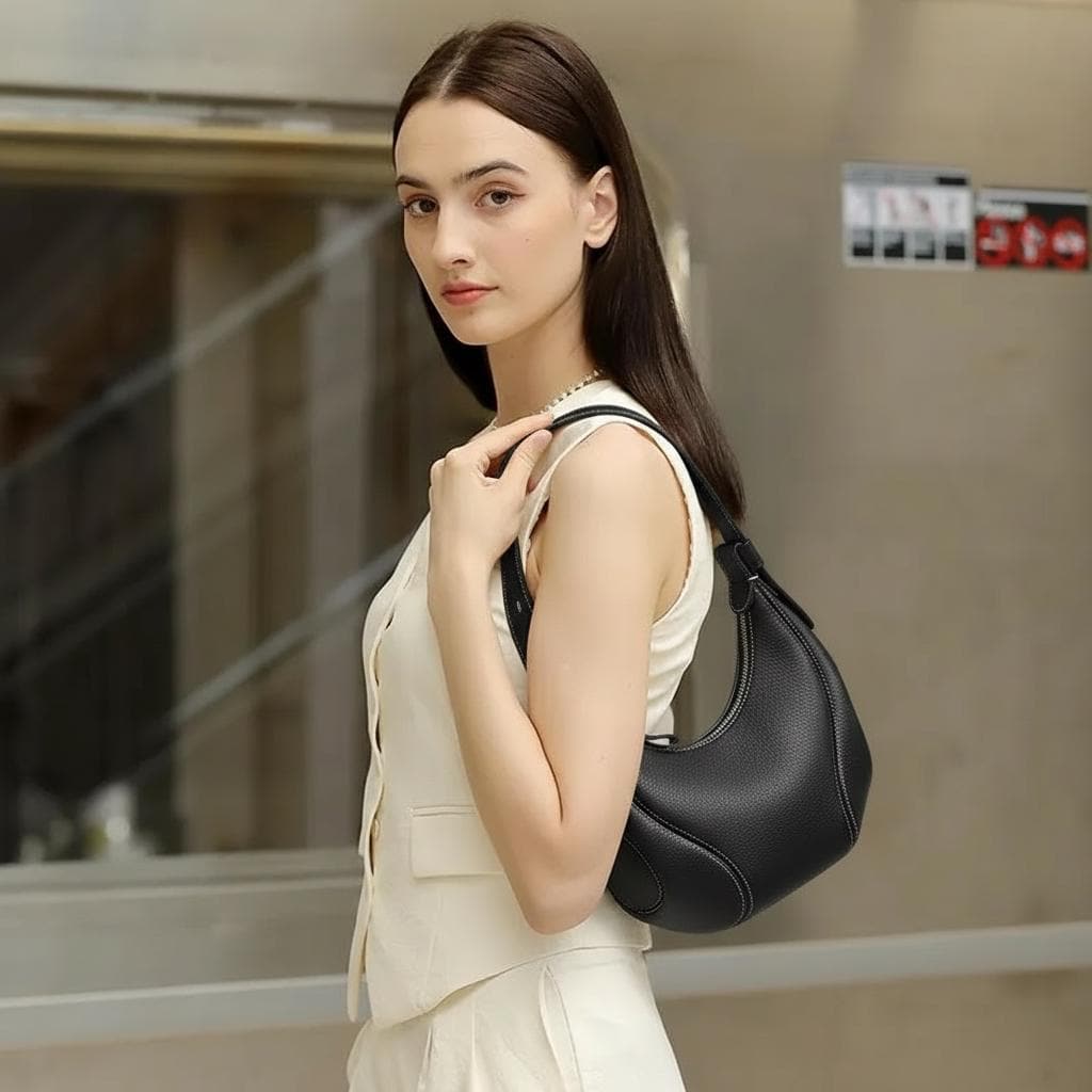 Genuine Leather Crescent Shoulder Bag, Minimalist Handbag, Soft Curved Silhouette