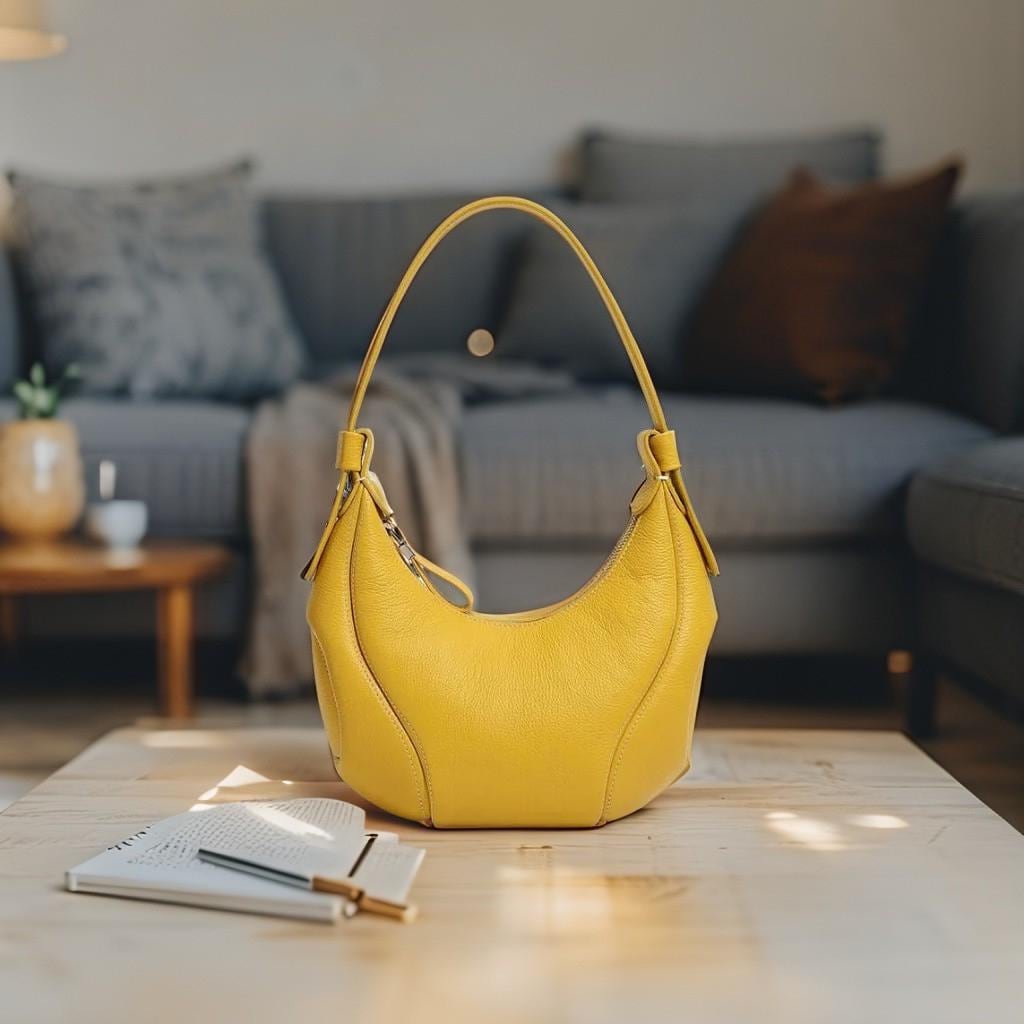 Genuine Leather Crescent Shoulder Bag, Minimalist Handbag, Soft Curved Silhouette