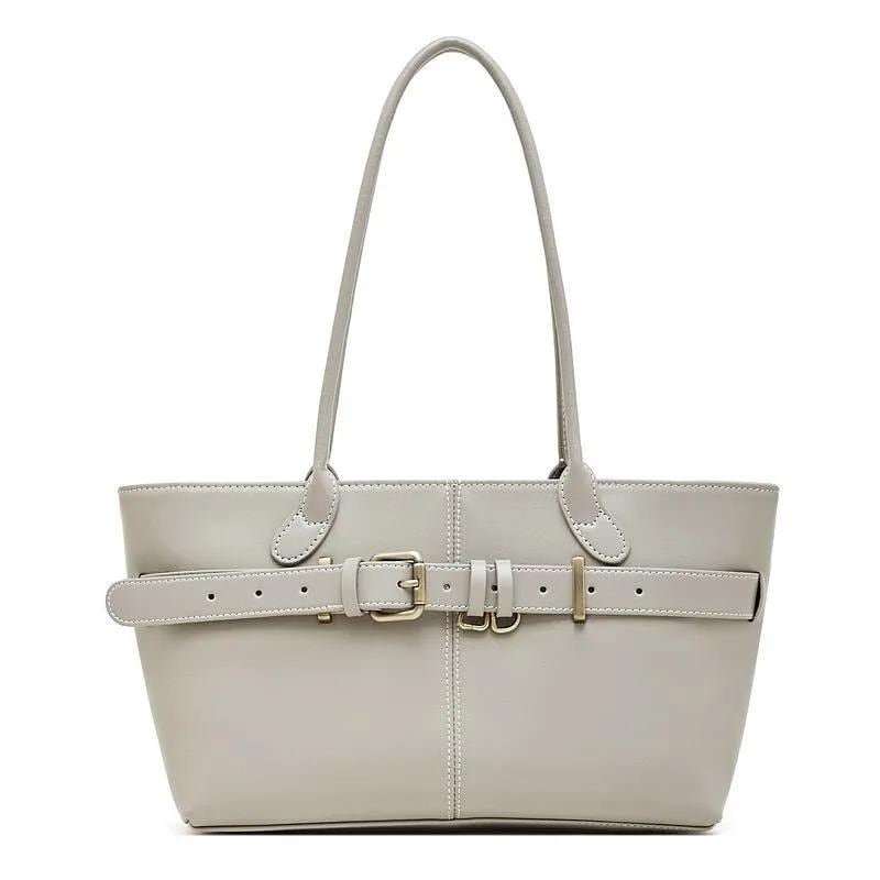 Genuine Cowhide Leather Shoulder Bag, Elegant Belt Detail Tote, Structured Work Handbag