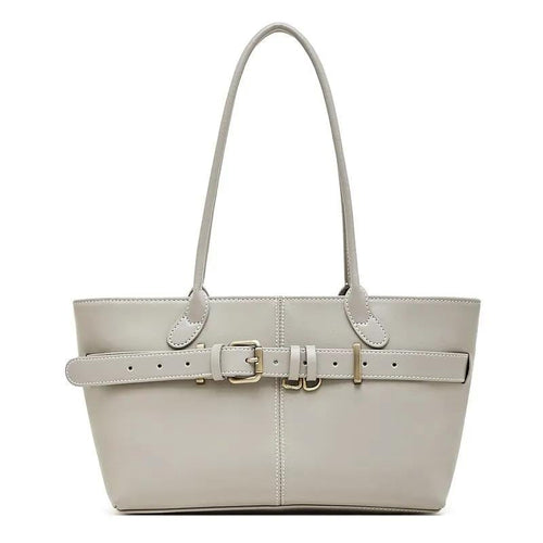 Genuine Cowhide Leather Shoulder Bag, Elegant Belt Detail Tote, Structured Work Handbag