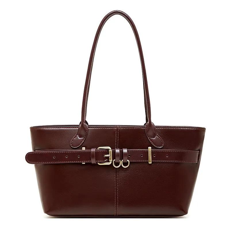 Genuine Cowhide Leather Shoulder Bag, Elegant Belt Detail Tote, Structured Work Handbag