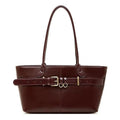 Genuine Cowhide Leather Shoulder Bag, Elegant Belt Detail Tote, Structured Work Handbag