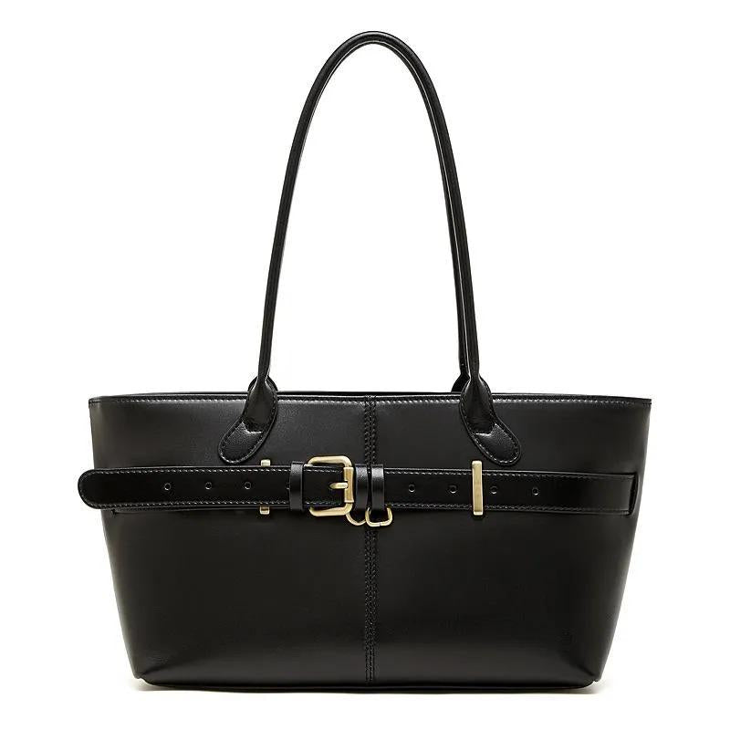 Genuine Cowhide Leather Shoulder Bag, Elegant Belt Detail Tote, Structured Work Handbag