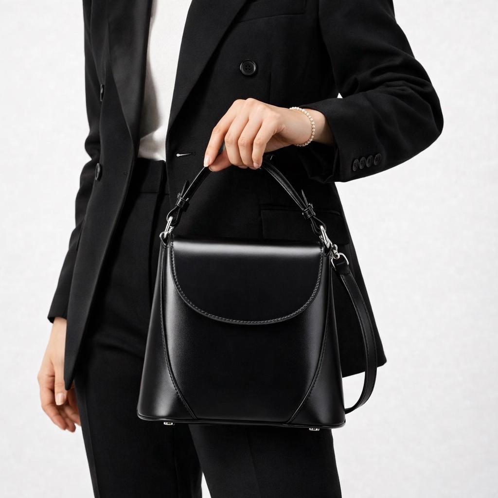 Genuine Cowhide Leather Top Handle Bag, Minimalist Shoulder Crossbody Purse