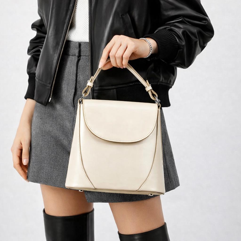 Genuine Cowhide Leather Top Handle Bag, Minimalist Shoulder Crossbody Purse