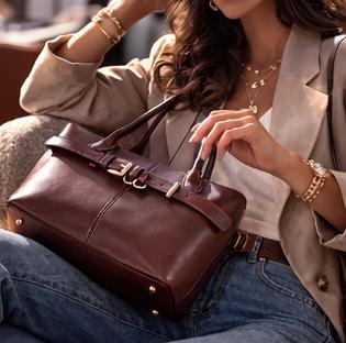 Genuine Cowhide Leather Shoulder Bag, Elegant Belt Detail Tote, Structured Work Handbag
