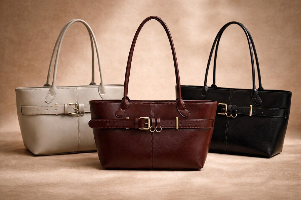 Genuine Cowhide Leather Shoulder Bag, Elegant Belt Detail Tote, Structured Work Handbag