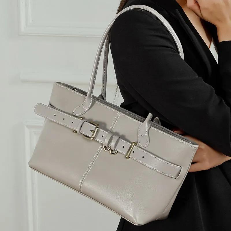 Genuine Cowhide Leather Shoulder Bag, Elegant Belt Detail Tote, Structured Work Handbag
