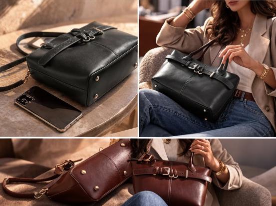 Genuine Cowhide Leather Shoulder Bag, Elegant Belt Detail Tote, Structured Work Handbag