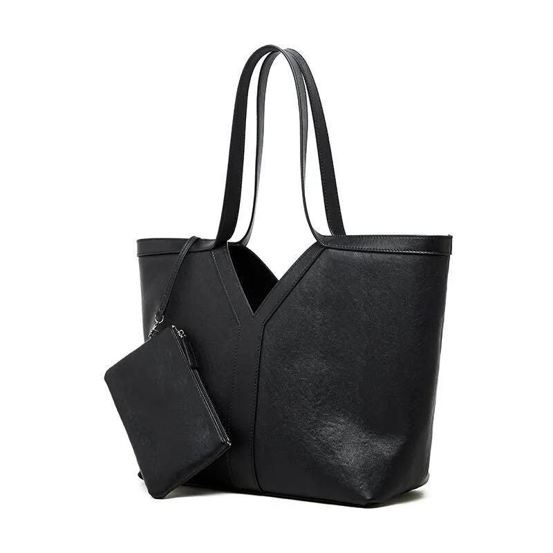 Genuine Cowhide Leather Tote Bag, Minimalist Work Shoulder Bag with Pouch