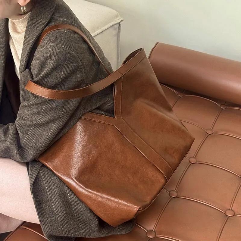 Genuine Cowhide Leather Tote Bag, Minimalist Work Shoulder Bag with Pouch