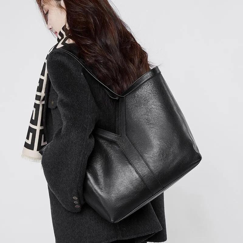 Genuine Cowhide Leather Tote Bag, Minimalist Work Shoulder Bag with Pouch