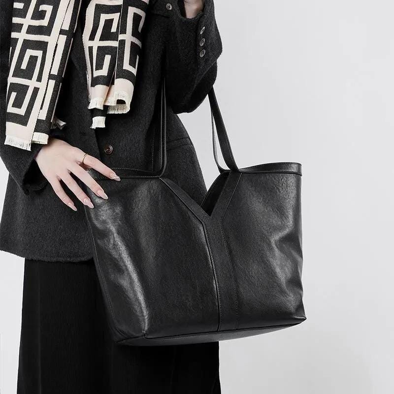 Genuine Cowhide Leather Tote Bag, Minimalist Work Shoulder Bag with Pouch