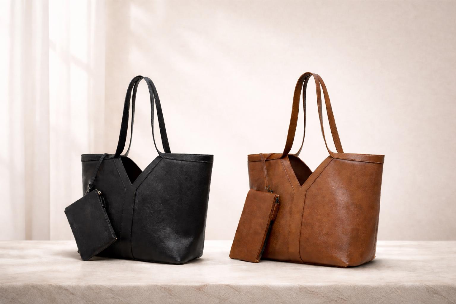 Genuine Cowhide Leather Tote Bag, Minimalist Work Shoulder Bag with Pouch